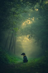 A lone dog sits on a misty forest path.