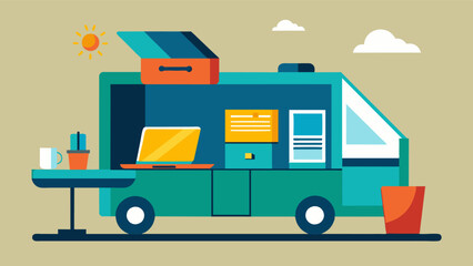 Fototapeta premium Who needs a traditional office when you can have a mobile one like this with a builtin laptop printer and plenty of natural light. Vector illustration