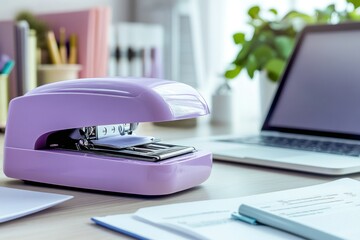 Lavender stapler on desk with laptop, papers, and pen.