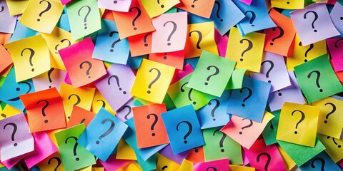 A multitude of colorful notes, each bearing a question mark, lie scattered, suggesting a complex puzzle or a brainstorming session grappling with numerous inquiries.