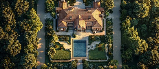 Aerial view of a luxurious mansion with a pool surrounded by lush greenery at sunset