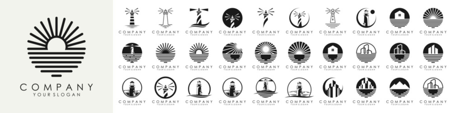 set of Lighthouses and ocean logo design. vector illustration