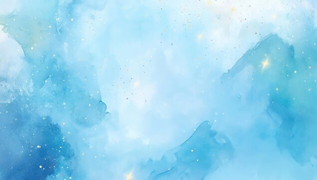Abstract light blue watercolor background with gold glitter