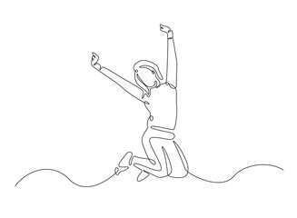 Happy jumping celebrating  illustration in continuous one line drawing. Happy person jumping high giving high five in one line draw. Editable vector.