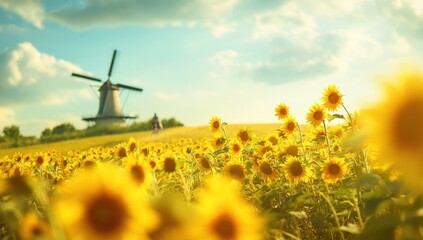 Sunlit sunflowers field with a windmill in the background.