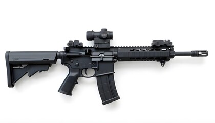 Modern Black AR 15 Style Rifle with Red Dot Sight Close Up Studio Shot on White Background