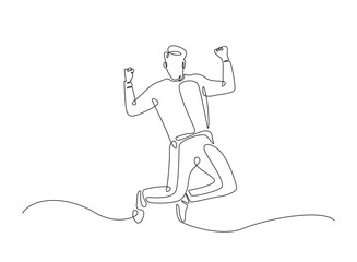 Happy jumping celebrating  illustration in continuous one line drawing. Happy person jumping high giving high five in one line draw. Editable vector.