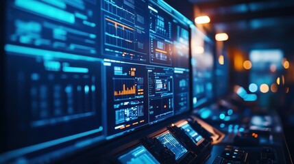 Obraz premium Multiple screens display glowing blue data, graphs, and charts in a control room.