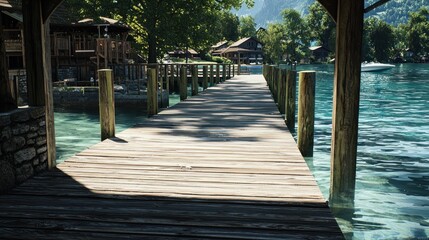 Wooden pier leads to charming lake village under sunny skies. Ideal for travel, tourism, or vacation brochures