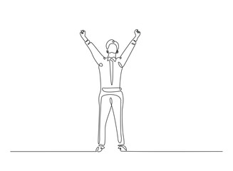 Successful businessman in continuous one line drawing. Businessman Lifting His Arms Up in one line draw. Editable vector.