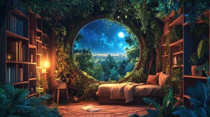 Enchanted treehouse bedroom with a moonlit view. Perfect for fantasy, serenity, and escapism themes.