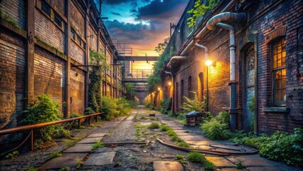 Evening Light Illuminates a Deserted Industrial Alleyway, Brick Buildings, Overgrown Vegetation, and Rusty Pipes
