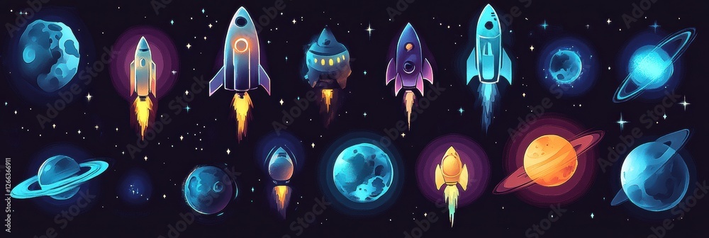 Poster colorful space stickers featuring rockets and planets on a dark background for creative projects and