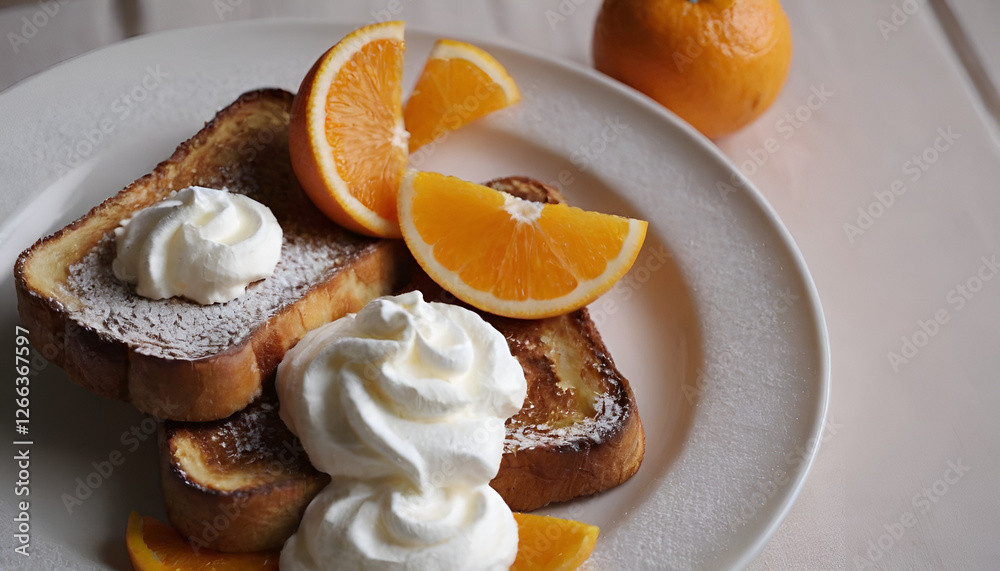 Wall mural french toast with oranges, whipped cream and powdered sugar