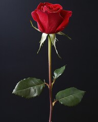 Single red rose on black background.