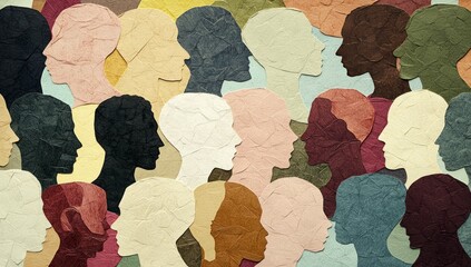Naklejka premium A background of paper cutouts depicting diverse human figures in various colors, representing the concept of diversity and wholeness of personality.