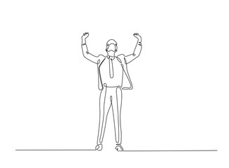 Successful businessman in continuous one line drawing. Businessman Lifting His Arms Up in one line draw. Editable vector.