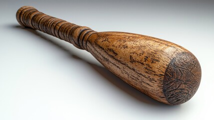 Close-up of a wooden baseball bat resting on a smooth surface, showcasing its texture and craftsmanship