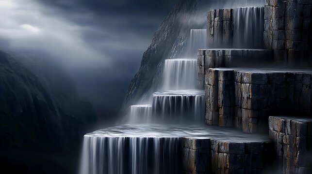 Majestic cascading waterfalls flow down rocky steps amidst a misty mountain landscape
