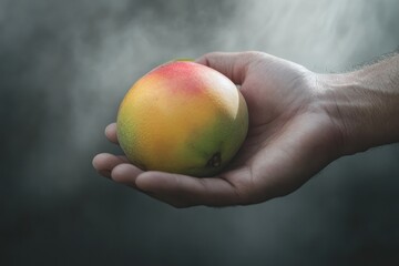 A hand holds a ripe mango against a smoky background.