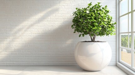 Modern indoor plant in white pot, sunny room with brick wall and window view