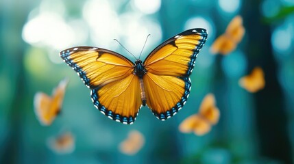 Beautiful orange butterfly in flight, forest background. Suitable for nature, wildlife, or environmental themes