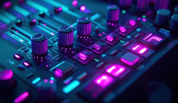 Close-up of a futuristic audio mixing console with illuminated buttons and knobs.