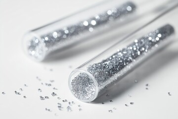 Two test tubes filled with shiny silver particles on a white background; some particles spilled.