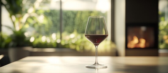 Glass of red wine on table near fireplace and window.