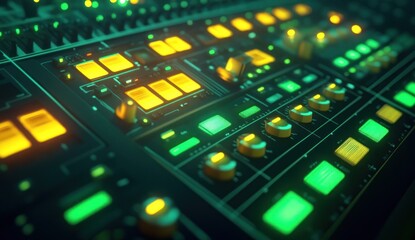 Close-up of illuminated audio mixing console with knobs and buttons.