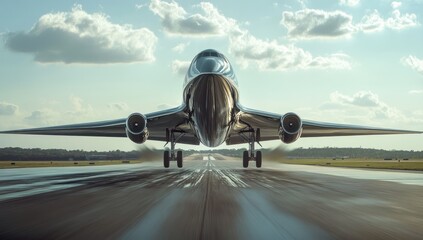 Fototapeta premium Sleek silver airplane taking off from runway, low angle view.