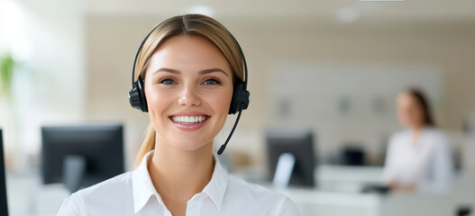 friendly customer service representative wearing headset, smiling warmly in modern office environment. atmosphere conveys professionalism and approachability