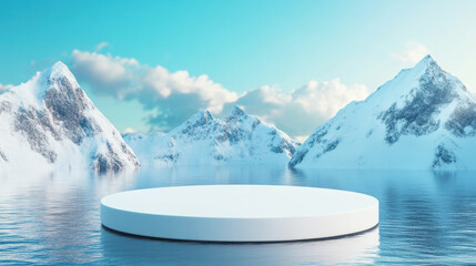 white circular podium on calm water surrounded by snow capped mountains creates serene and tranquil atmosphere. clear blue sky enhances peaceful setting