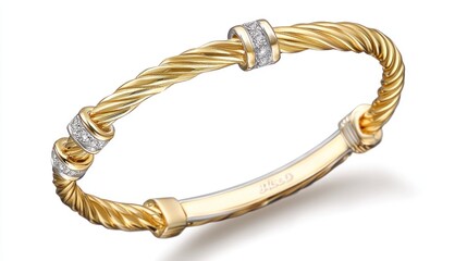 Gold diamond bangle bracelet on white background