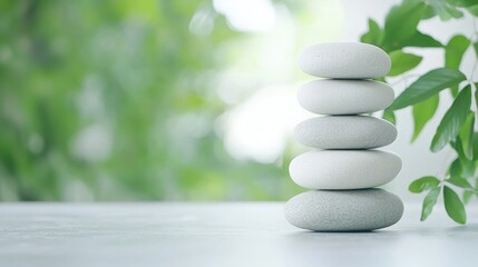 Obraz premium Stacked stones, zen garden, peaceful scene, nature background, for meditation or relaxation