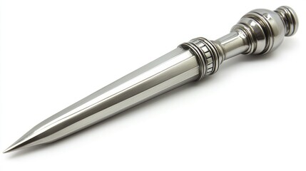 Sleek metallic pen with a pointed tip resting on a clean surface, showcasing its design and craftsmanship