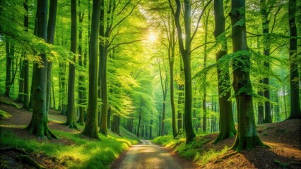 Obraz premium Sunlit Path Through a Verdant Canopy of Majestic Trees in a Serene Forest
