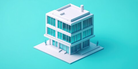 Low-poly isometric model of a modern three-story building with teal background.