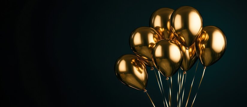 A bunch of shiny gold balloons against a dark background.