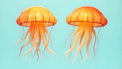 Two Vibrant Orange Jellyfish Floating Gracefully in Aqua Background