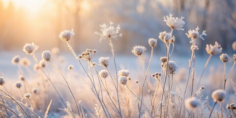 Golden hour frost on winter flora, delicate ice crystals adorn the wildflowers, a serene and peaceful scene at dawn
