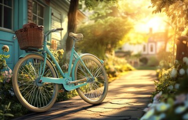 Fototapeta premium A teal bicycle with a wicker basket sits on a sunlit path outside a quaint house.