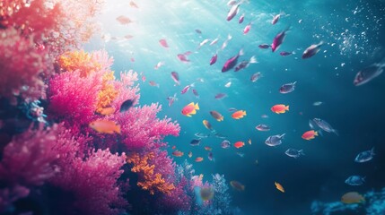Fototapeta premium Vibrant coral reef teeming with colorful fish, sunlight filtering through the water.