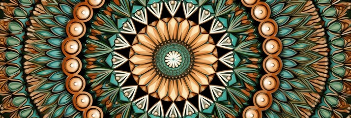 Artistic Teal and Gold Floral Mandala Centered Pattern Design. Background detail