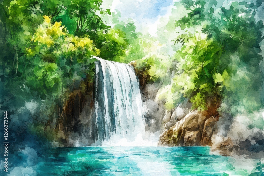 Aufkleber Vibrant waterfall cascading into tranquil pool surrounded by lush greenery in a serene natural setting. Generative AI