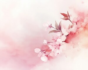 Artistic floral corner arrangement with cherry blossoms on light pink textured background, use for greeting card
