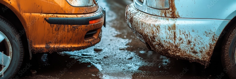 Poster comparison of a scratched dirty car and a shiny polished vehicle highlighting differences in care an