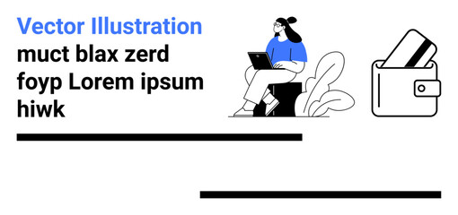 Woman sitting on a chair, typing on a laptop, accompanied by digital wallet. Ideal for tech, finance, remote work, online payments, e-commerce digital security creative design. Landing page