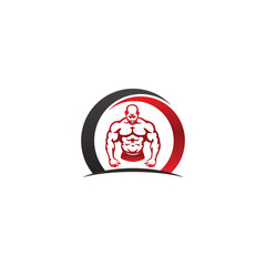 FITNESS LOGO TEMPLATE, BADGE, SHIELD FRAME, MUSCLE BODY, MAN'S SILHOUETTE, GYM LOGO, TRAINING VECTOR ICON