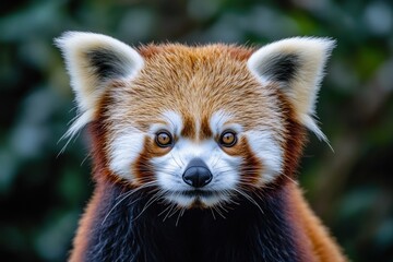 Close-up portrait of a red panda facing the camera, its orange fur, white markings, and dark eyes are clearly visible against a blurred green background.